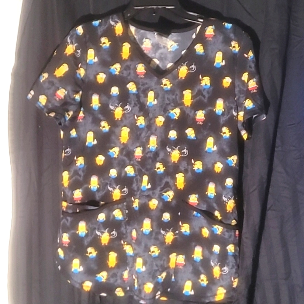 Minions Rise of Gru Scrub Top Womens Black Short Sleeve Pullover